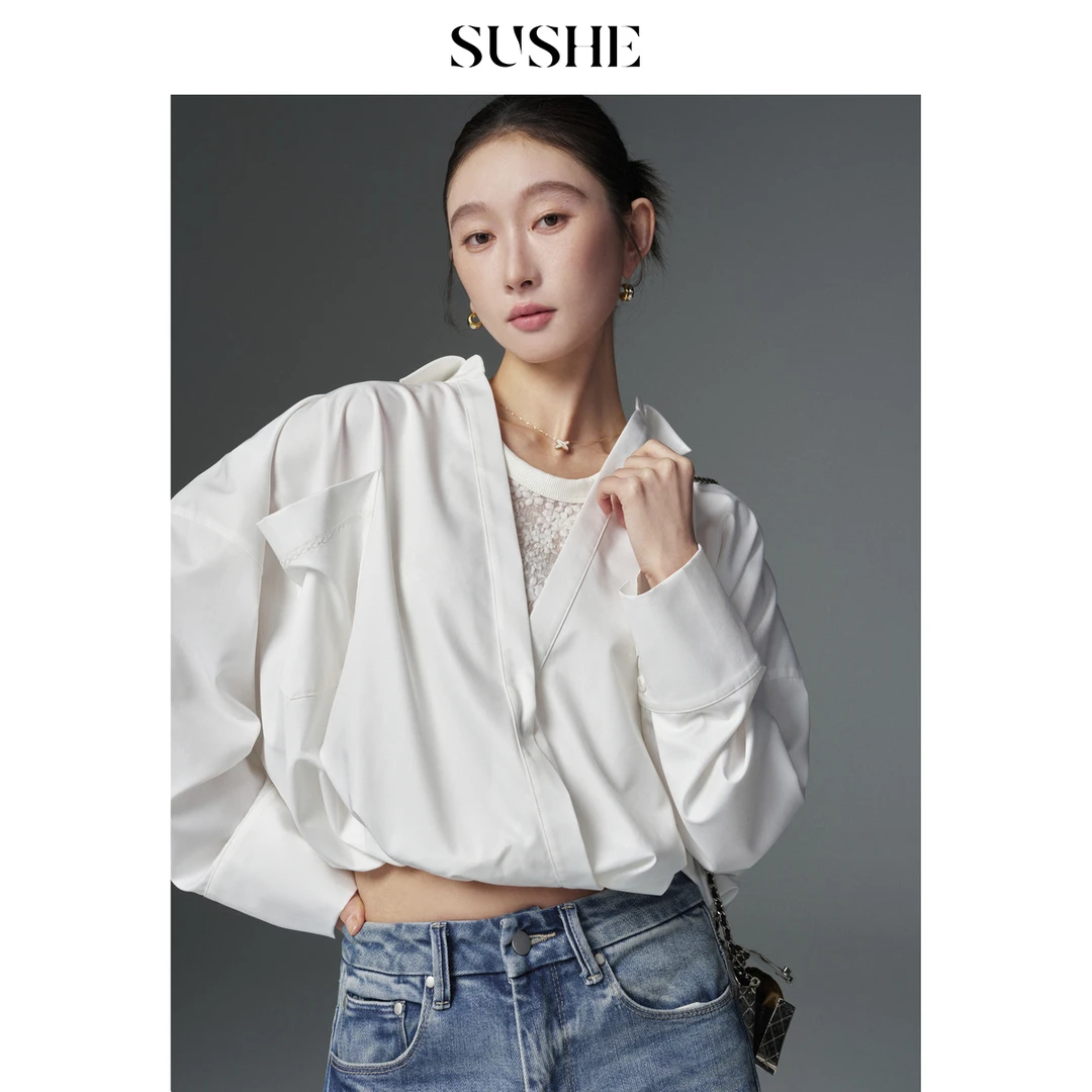 束皙SUSHE 清淮 秋季高智感莱赛尔蕾丝背心拼接假两件白色衬衫女