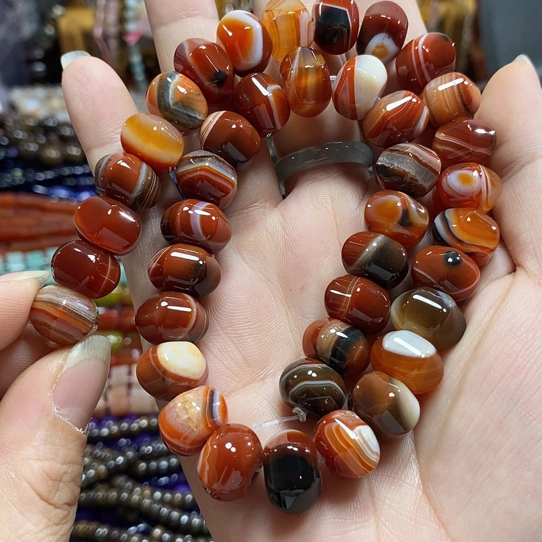 玛瑙/玉髓未镶嵌珠宝半成品蚕丝玛瑙灯笼珠一条卡14mm