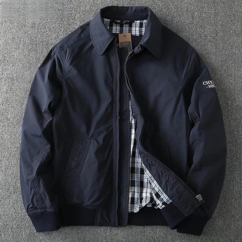 2025春秋宽松休闲男士上衣时髦百搭修身翻领长袖经典纯色双层夹克