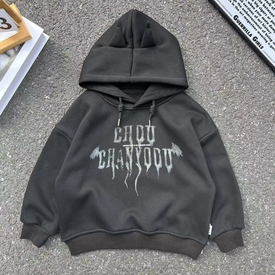 男童韩版潮酷宽松加绒黑色小恶魔连帽卫衣潮流休闲百搭时尚Y047