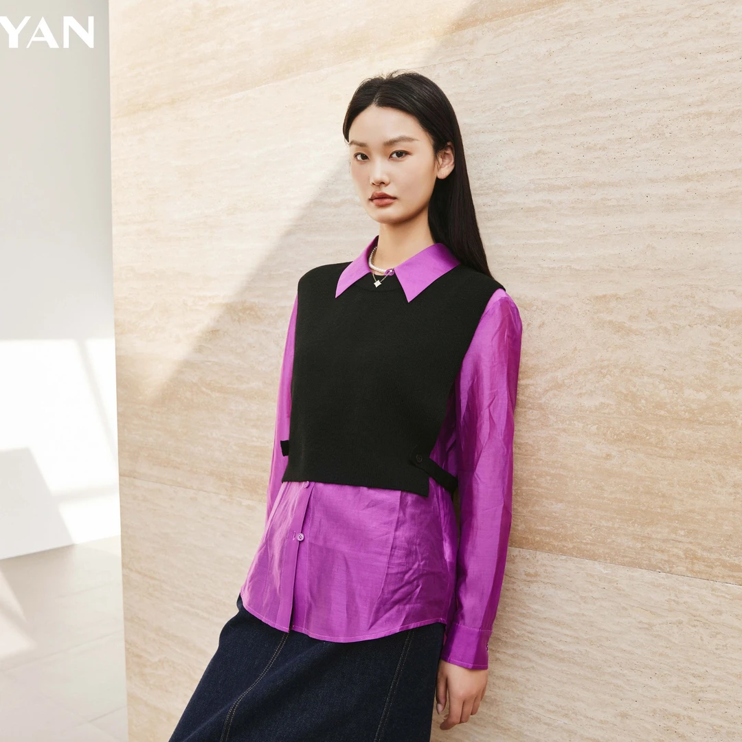 俪妍【LIVELY·YAN】长袖春季休闲新款衬衫假两件打底上衣衬衣37780