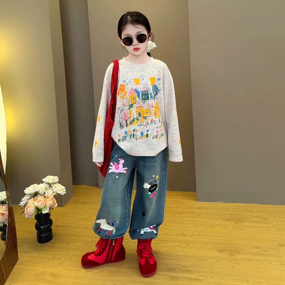 女童2025新款中大童韩版时尚宽松印花卫衣卡通牛仔阔腿裤套装潮酷