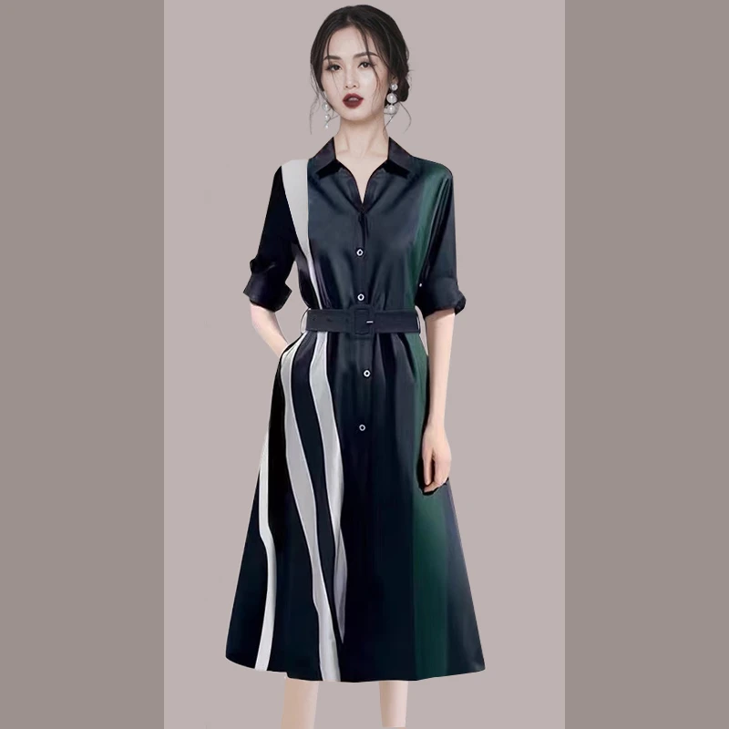 春季长袖气质连衣裙2025年新款时尚撞色收腰显瘦衬衫裙