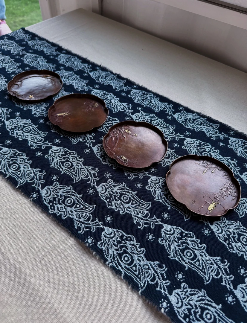 纯铜托盘杯垫 贴金箔蟋蟀螳螂蜻蜓天浮雕植物昆虫托盘故篱系列