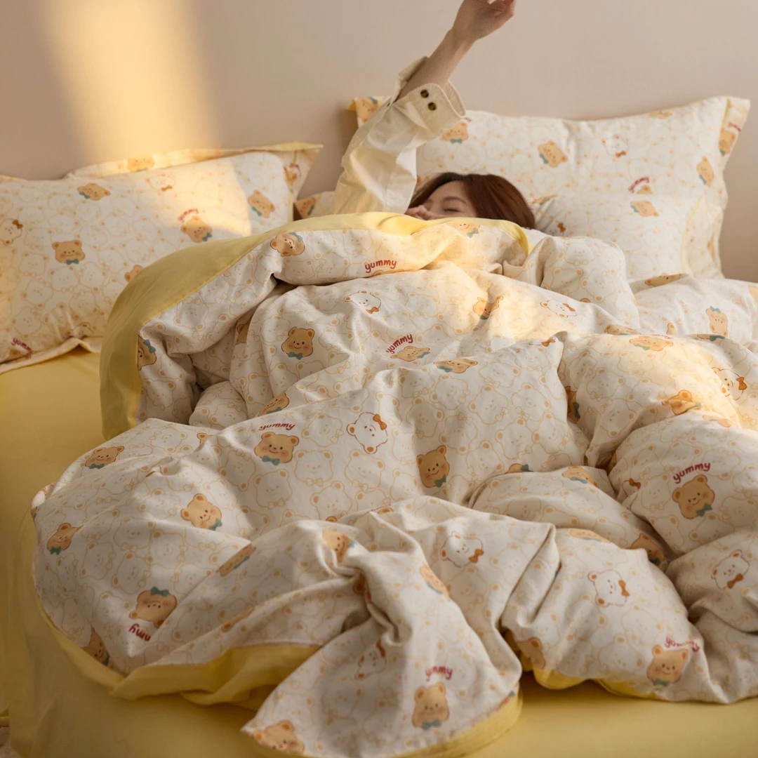 丽家平！瑞迪熊 好可爱太萌春夏款会呼吸床品全棉卡通双层纱四件套