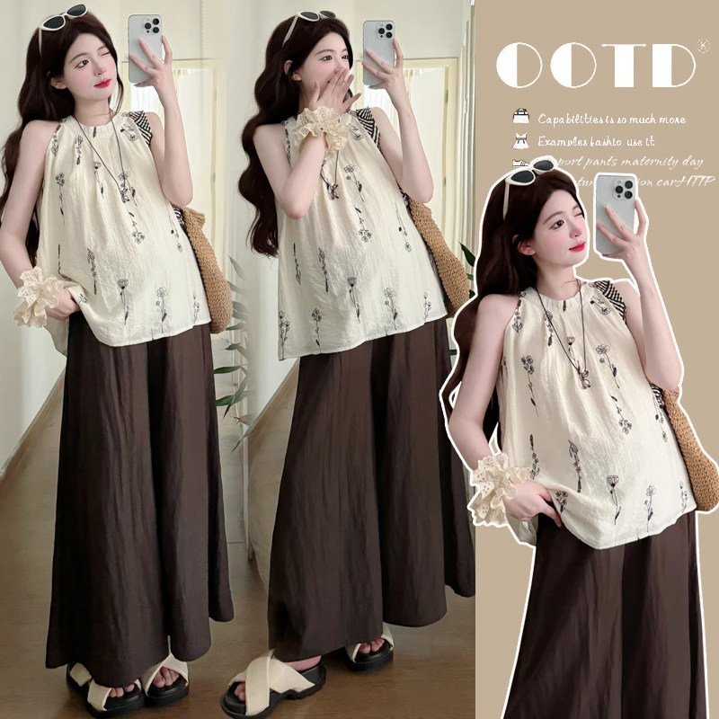 「kiki」2025夏季法式复古刺绣花朵孕妇衫+宽松舒适阔腿裤套装