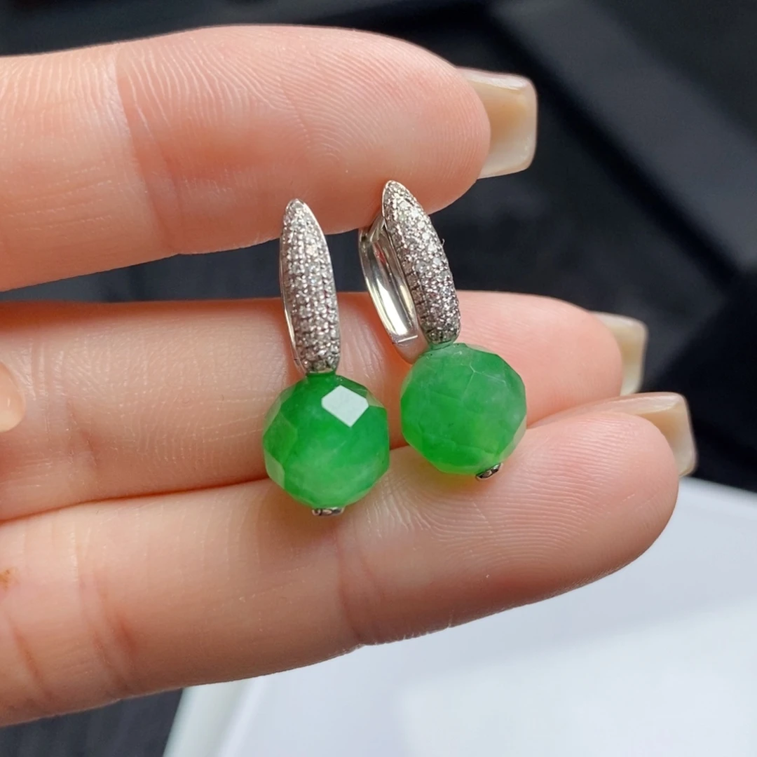 翡翠18K金镶嵌耳饰切割面珠珠（卡8.8mm）