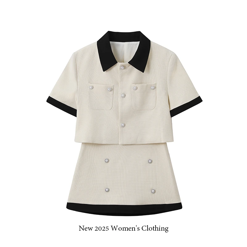 夏季新款轻奢短款翻领短袖小香风时尚套装/1296