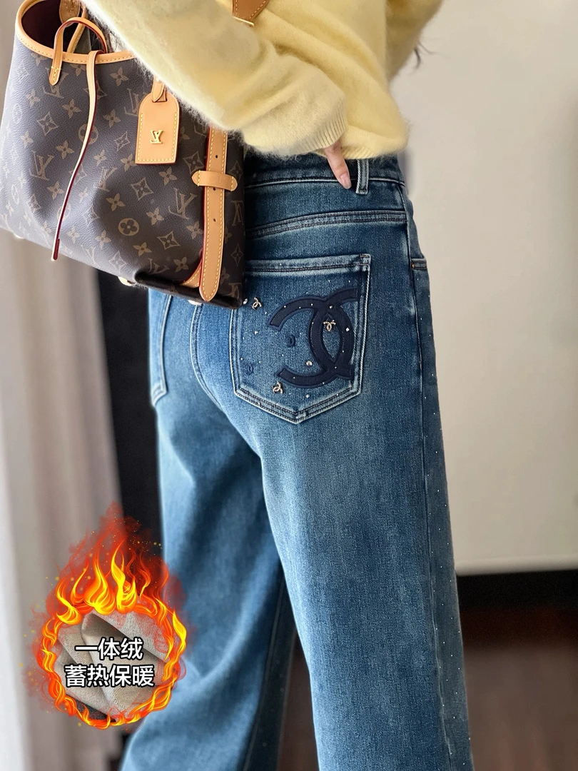小香风小个子高腰小脚裤宽松牛仔裤秋冬高腰加绒长裤复古