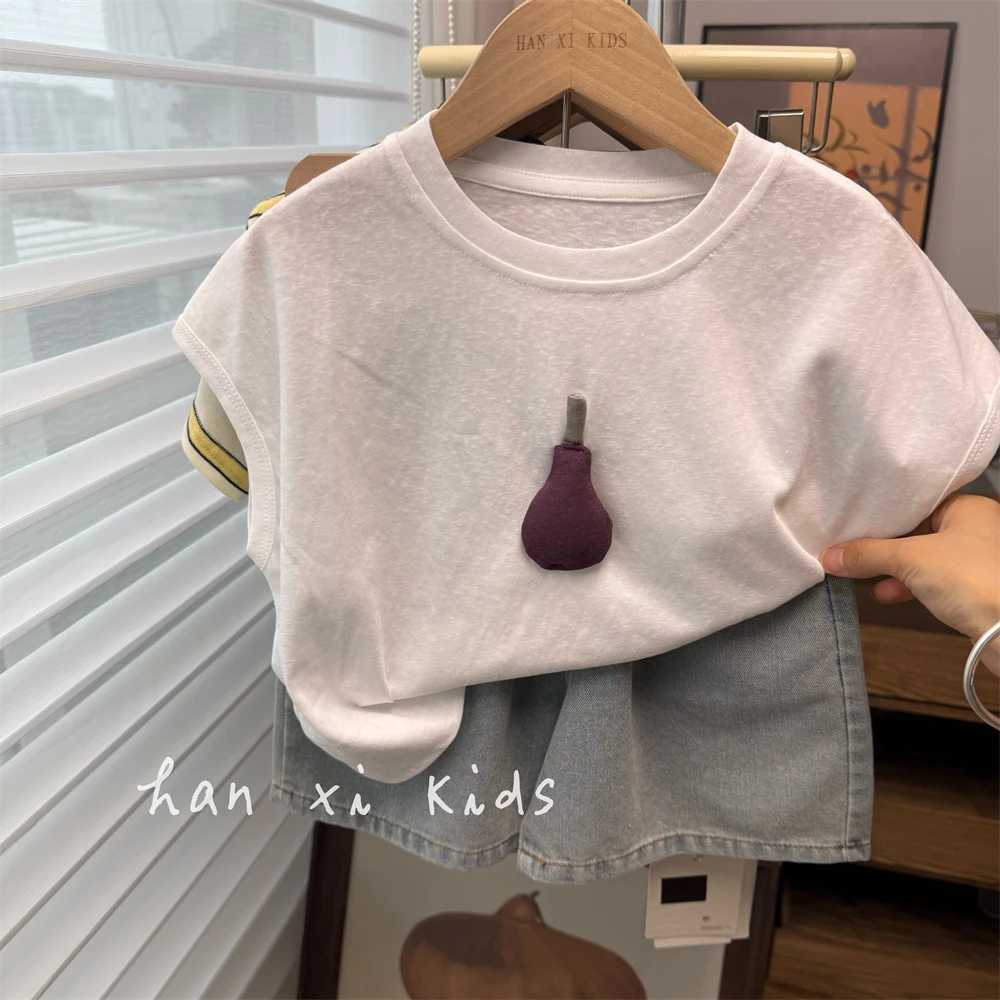 可爱立体小梨子！韩国男女童洋气水果标无袖T恤儿童宽松落肩背心夏