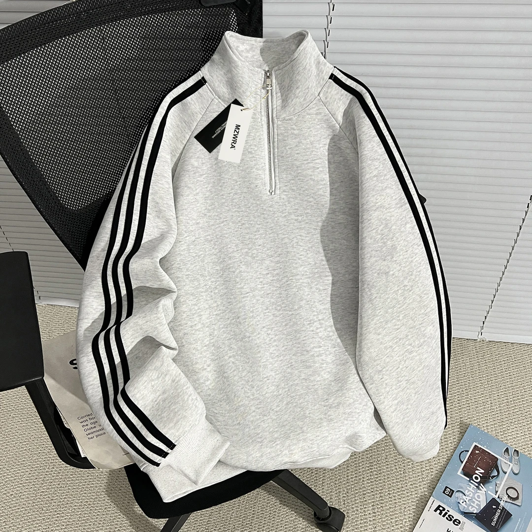 MZWRA立领半拉链三条杠卫衣男冬季潮牌美式宽松爆款上衣2025新款