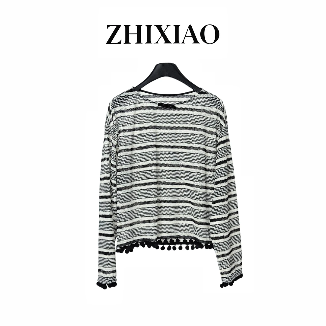 【ZHIXIAO】秋冬新款：条纹镂空长袖上衣81937