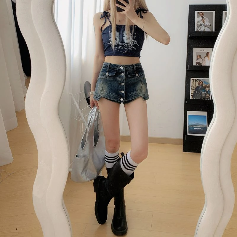 夏季复古水洗牛仔短裙女2025辣妹纯欲高腰显瘦包臀性感a字半身裙