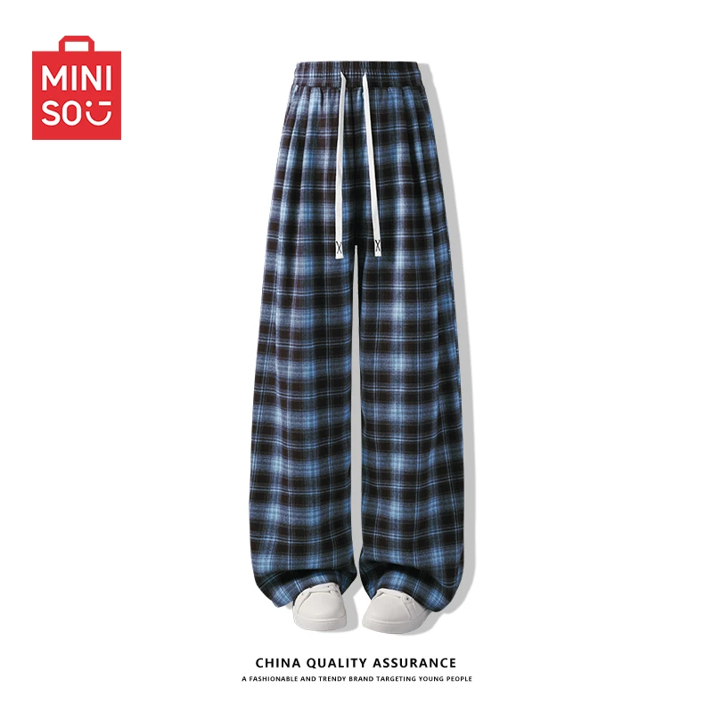 名创优品百搭复古黑白格子裤休闲直筒阔腿裤垂感拖地裤子女款夏季