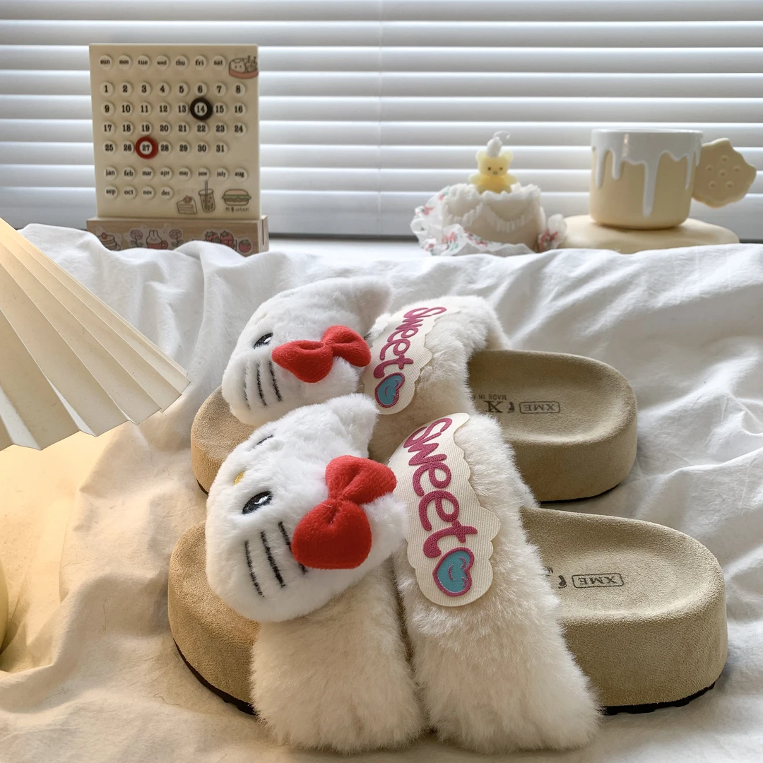 可爱卡通KT猫厚底一字拖女2025年新款秋冬外穿防滑保暖懒人毛毛拖