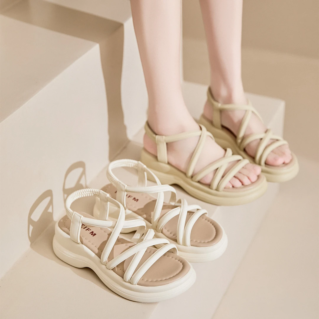 交叉带罗马凉鞋女中跟松紧带2025年夏季新款百搭露趾厚底松糕鞋子