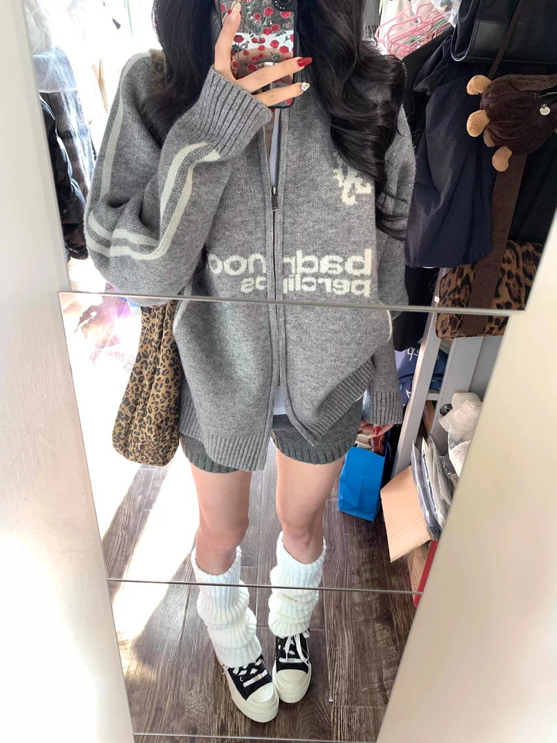 oversize！棒球风翻领拉链毛衣开衫女外套秋装新款韩版宽松针织衫