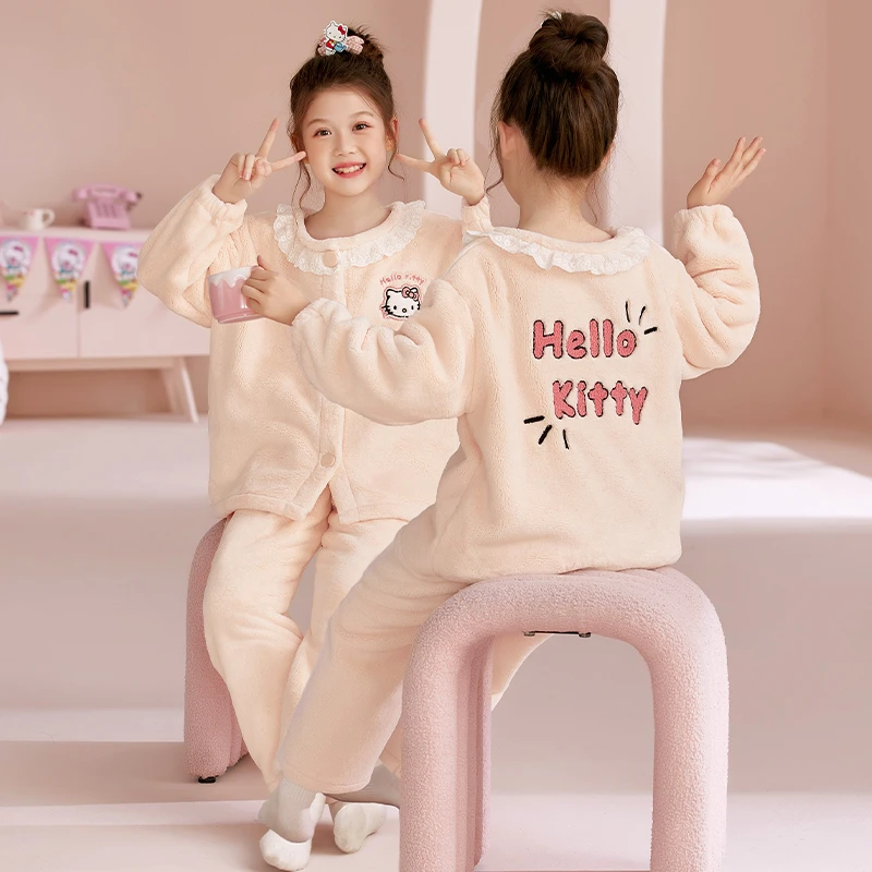 儿童珊瑚绒睡衣女童冬季加厚保暖法兰绒女孩中大童秋冬家居服套装
