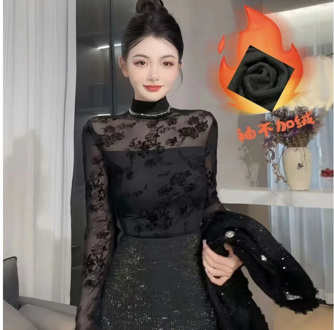 长袖蕾丝时尚修身慵懒风夏季蕾丝衫打底衫碎花半高领