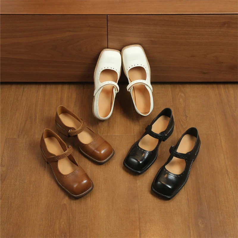 手工水洗马皮粗跟布洛克方头玛丽珍女鞋复古软底浅口单鞋0737-5