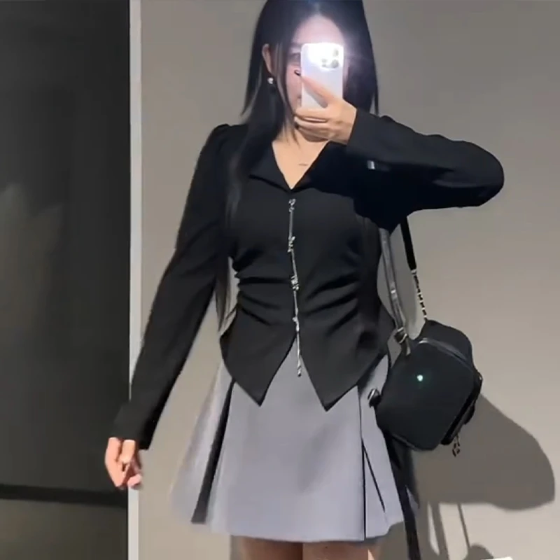 【8112桃】秋冬新款双面绒磨毛褶皱长袖T恤女设计感链条扣别致上衣