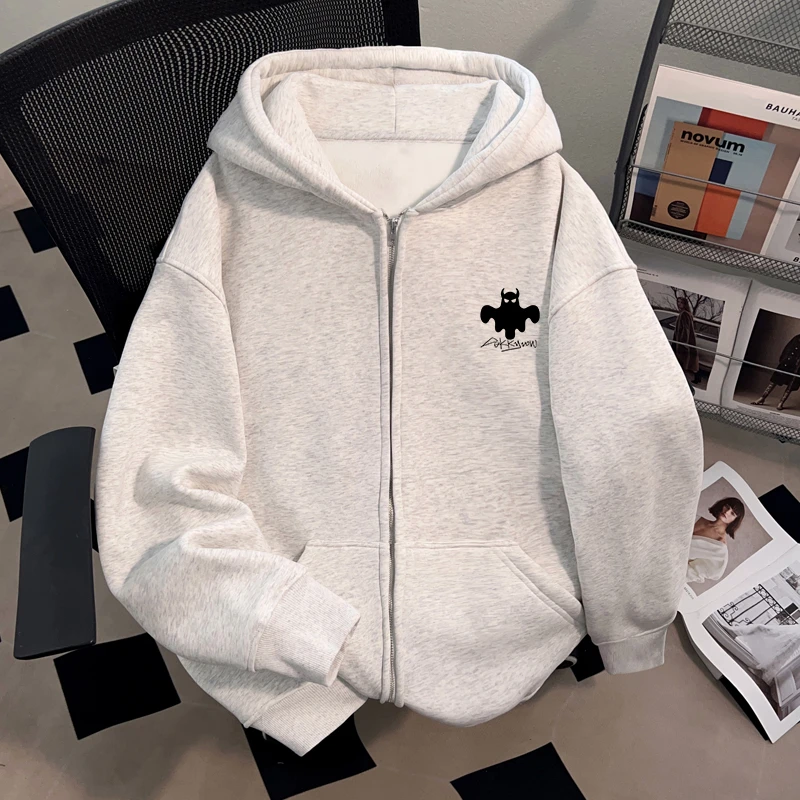 jtrt潮牌创意简约印花美式复古宽松百搭开衫连帽运动外套男女上衣