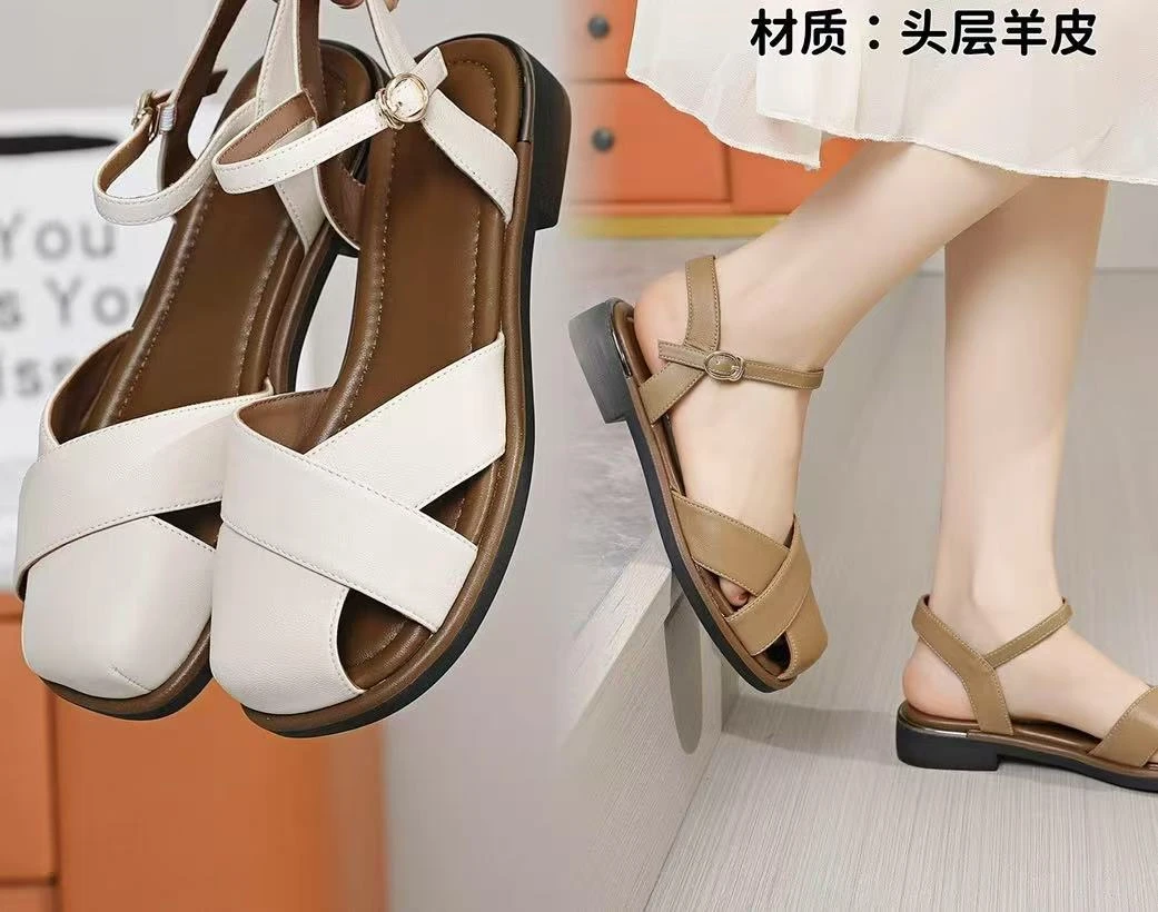 羊皮包头凉鞋罗马风包头 时装凉鞋平底粗跟女士舒适复古夏季4321