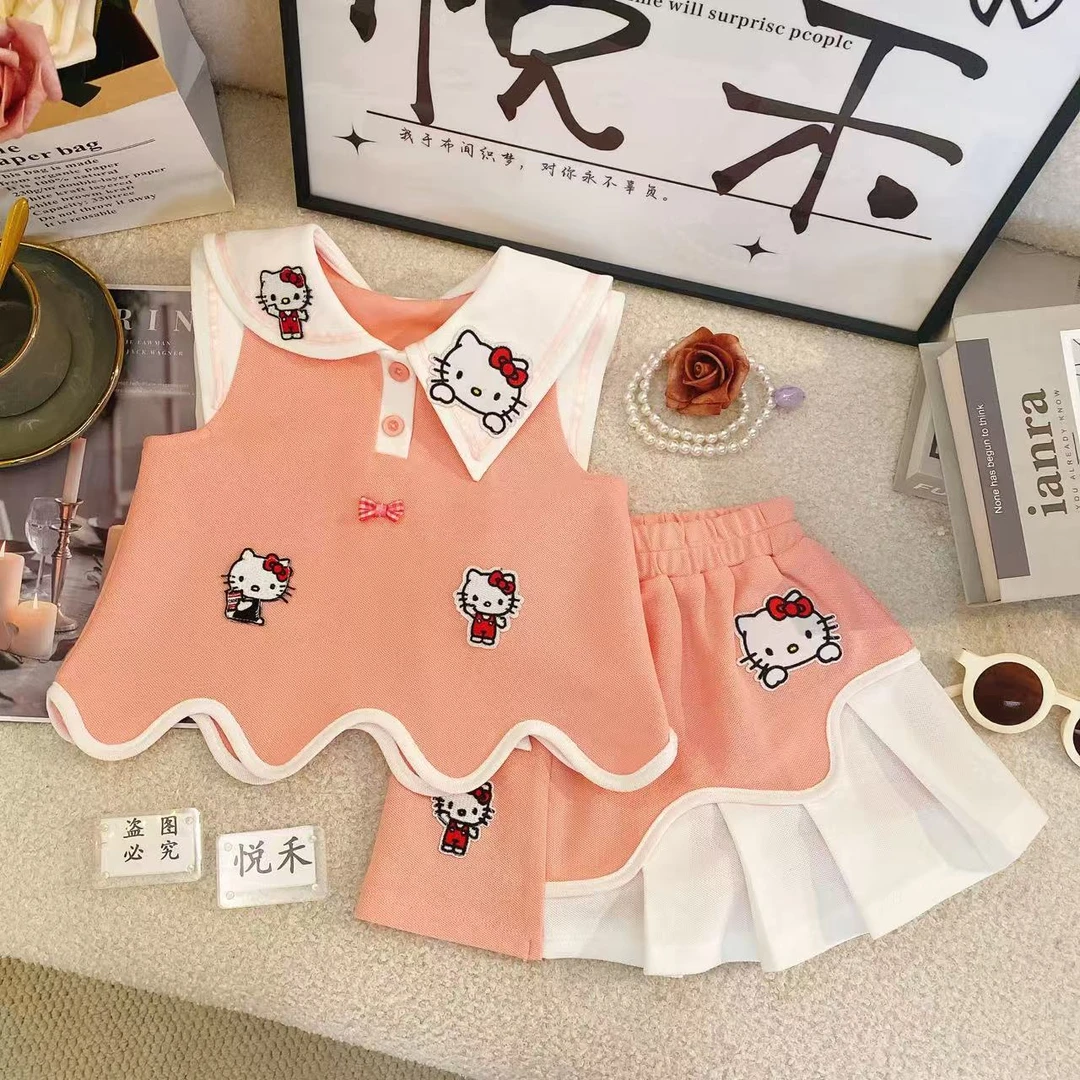 M新款夏季女童时尚休闲女宝粉色kt韩版学院风高级套装80480