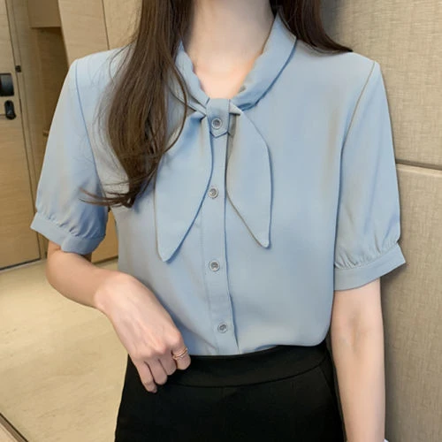 2025短袖气质衬衫女夏装百搭蝴蝶结小清新气质工作衬衣时尚睡衣女