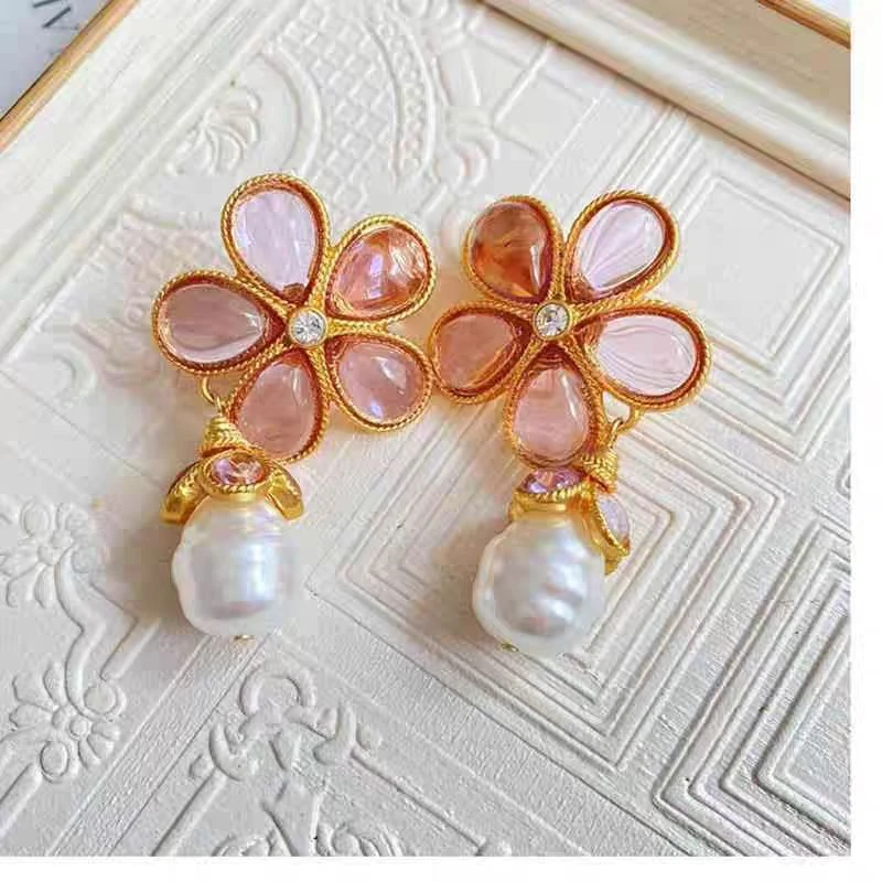 合金仿水晶耳饰 2217 复古vintage宫廷风优雅轻奢长款粉花耳钉