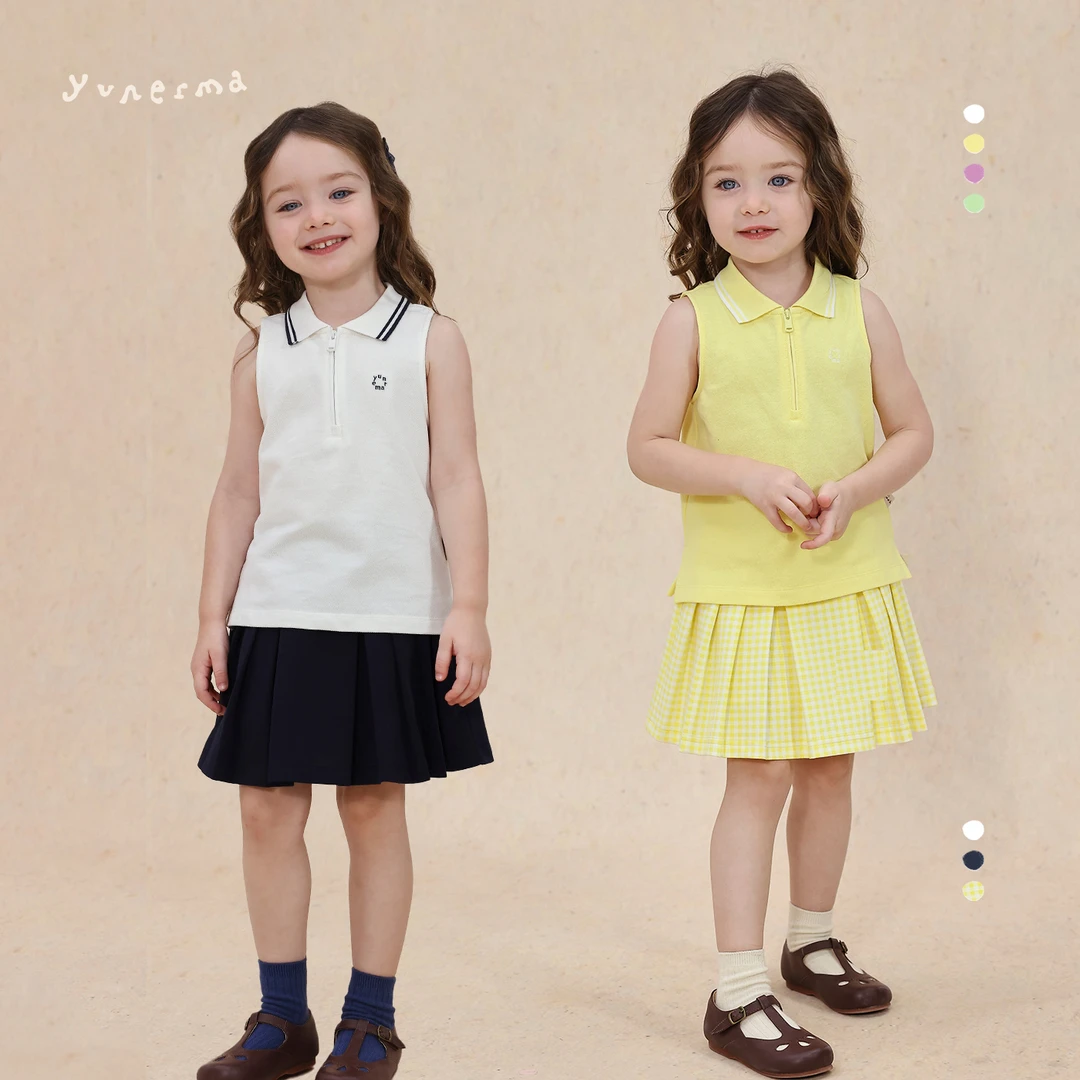 允儿妈女童夏季简约Polo背心百褶短裙套装宝宝洋气上衣儿童半身裙