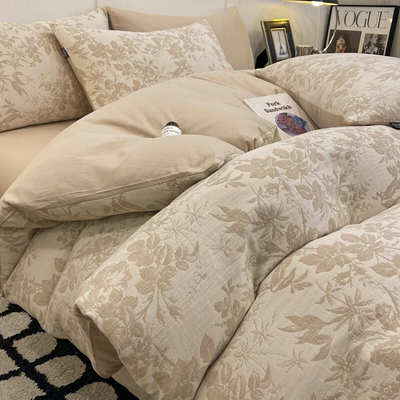 水星家纺适用高端纯棉双层纱床上四件套全棉床品简约被套床单三件