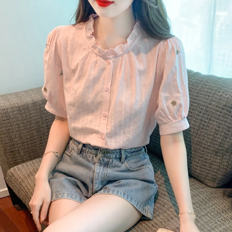 刺绣短袖衬衫女夏季2025新款时尚木耳边雪纺上衣别致漂亮小衫