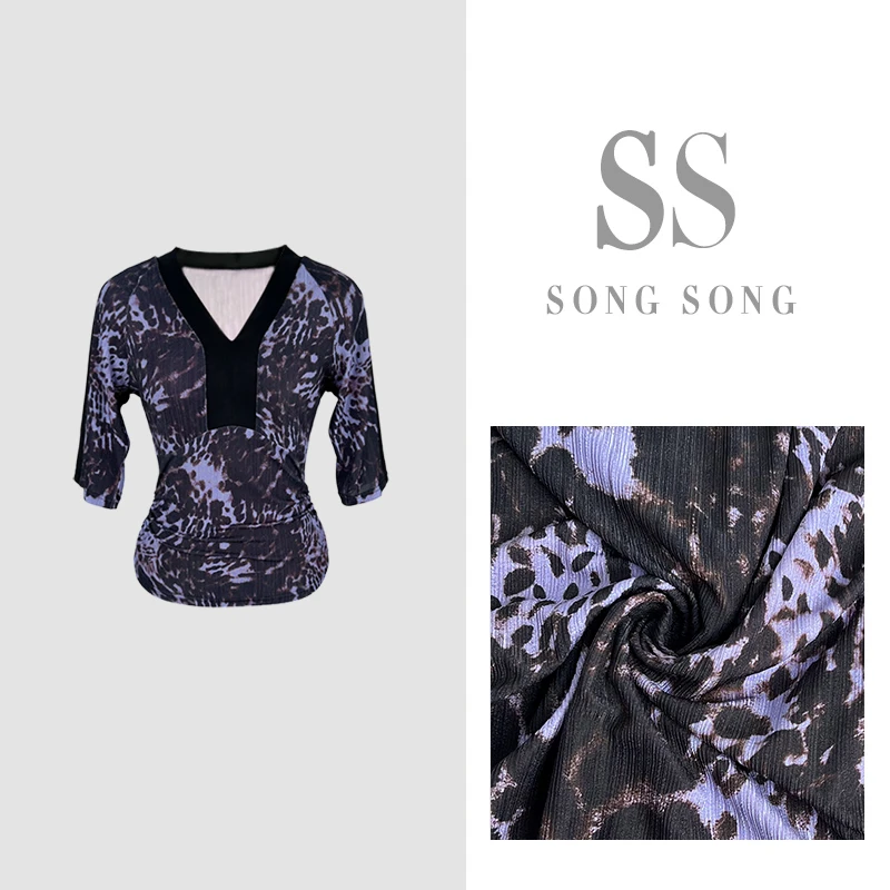 SONG-原创【上衣-紫豹云恋】新款拼接网纱时尚V领显瘦透气百搭短袖