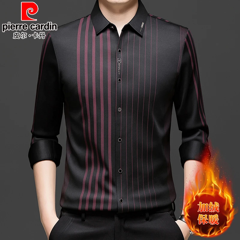 皮尔卡丹冬季时尚条纹长袖加绒加厚对襟衬衫高档不对称免烫保暖潮