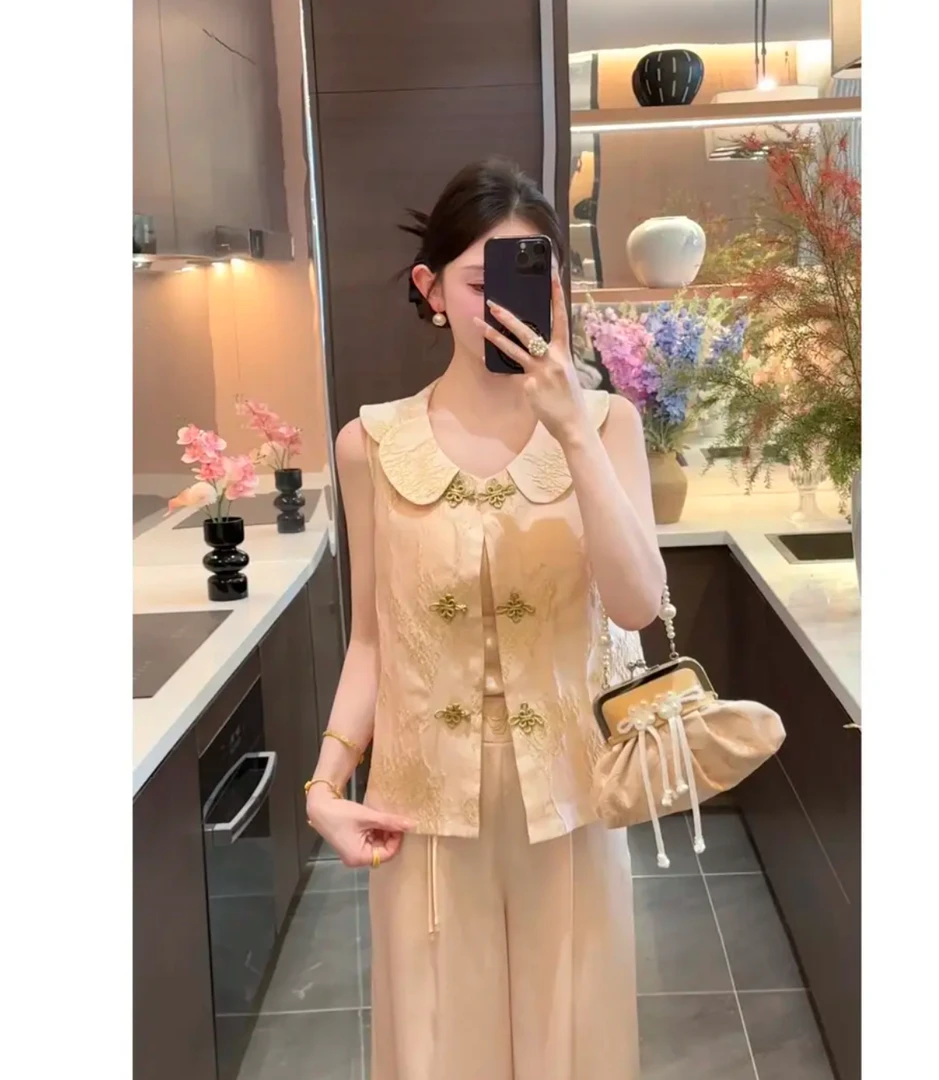 周粥女装铭顺-【云裳】新款娃娃领国风提花盘扣马甲上衣JJC5SY1505