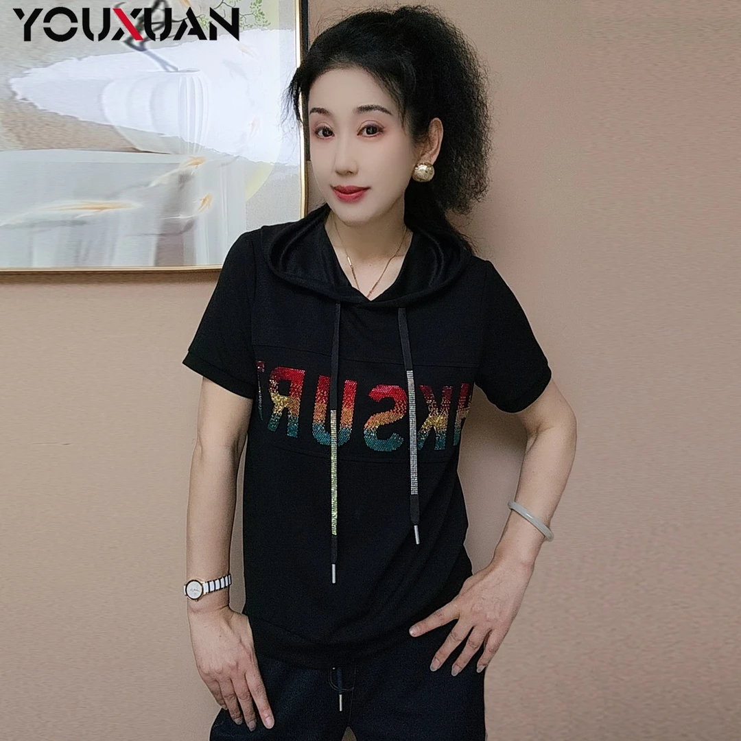 【新款高定】春夏季百搭韩版上衣时尚宽松短袖连帽卫衣39130-1