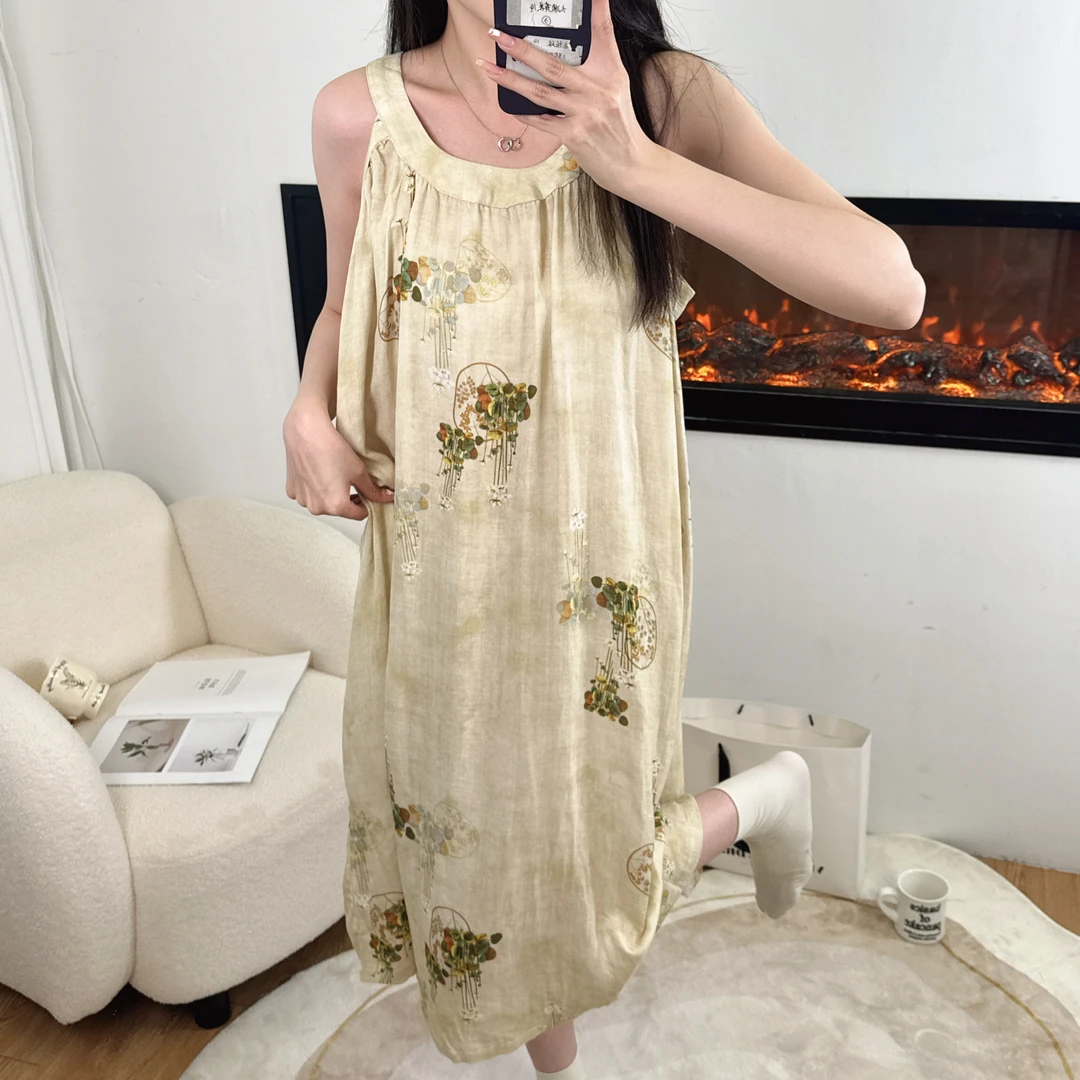 改良新中式国风印花无袖睡裙大码胖妹复古夏季宽松吊带睡衣可外穿
