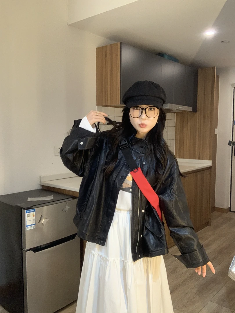 九月ss 韩版时尚宽松休闲立领蛋白皮皮衣女2025春小个子机车外套