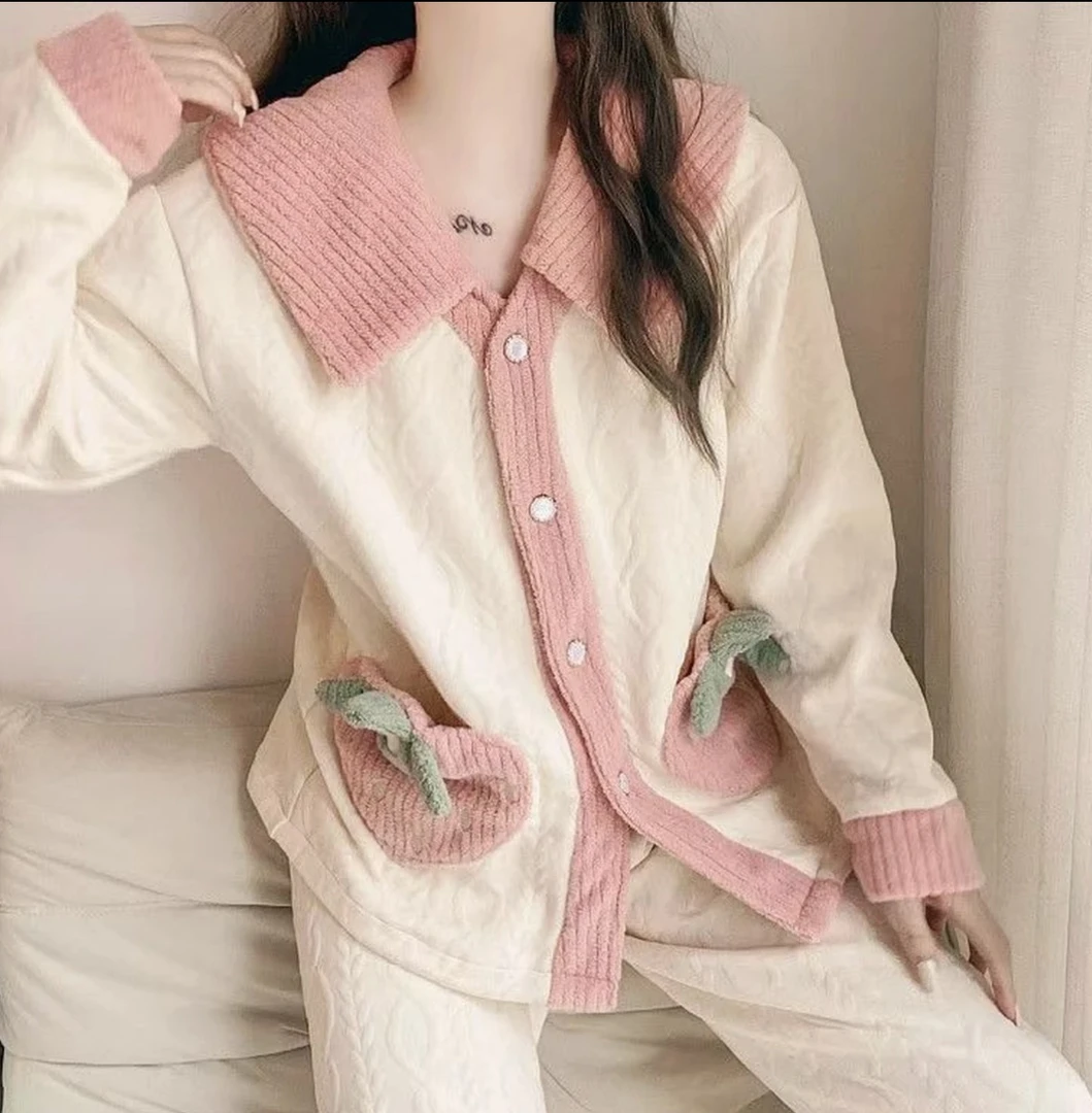 秋冬季睡衣女空气棉夹层加厚甜美可爱可外穿家居服套装草莓