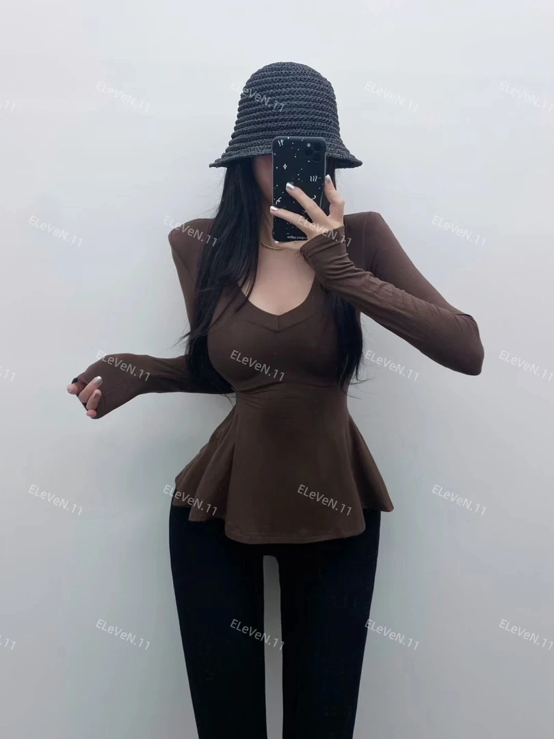 AL SHOP【韩女铺手】韩系基础款纯欲性感掐腰V领气质显瘦修身T