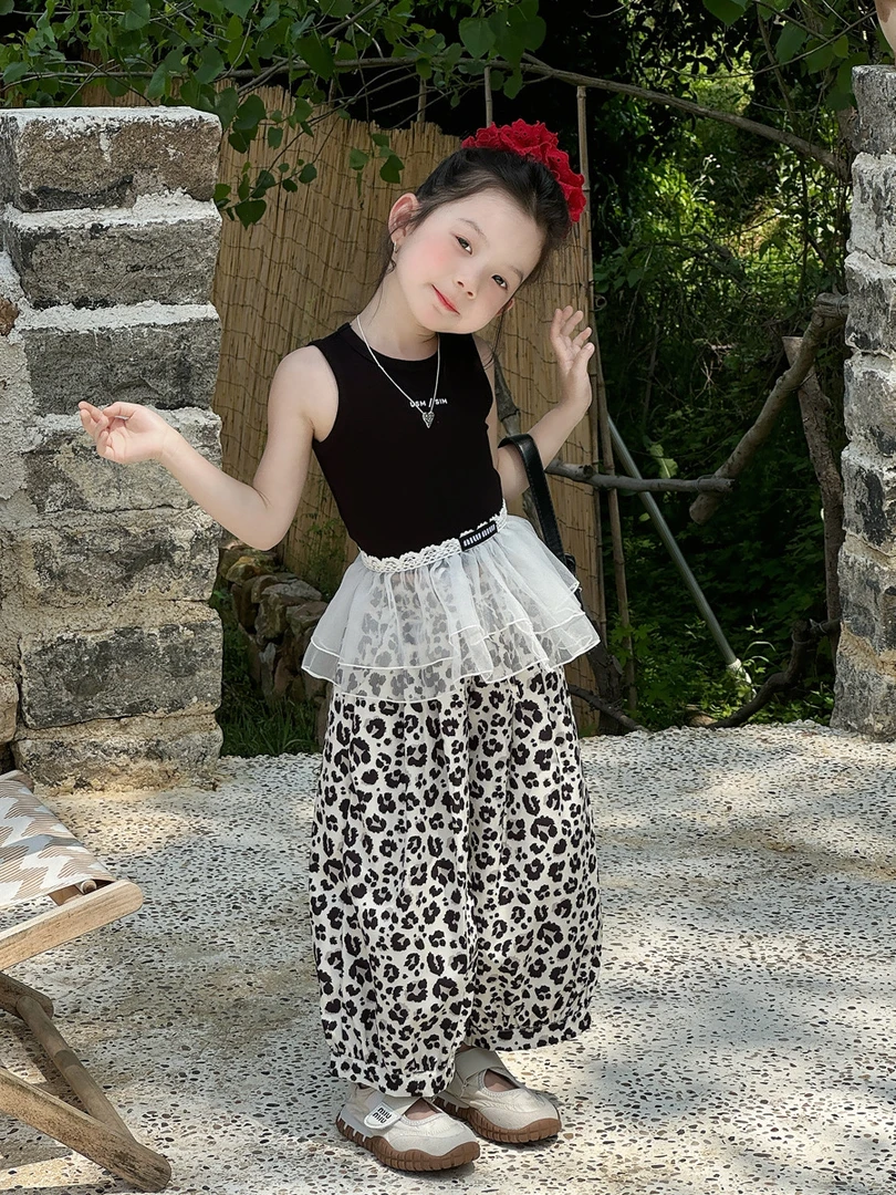2025夏季新款女童韩系穿搭辣妹时髦豹纹灯笼裤百搭短款字母背心