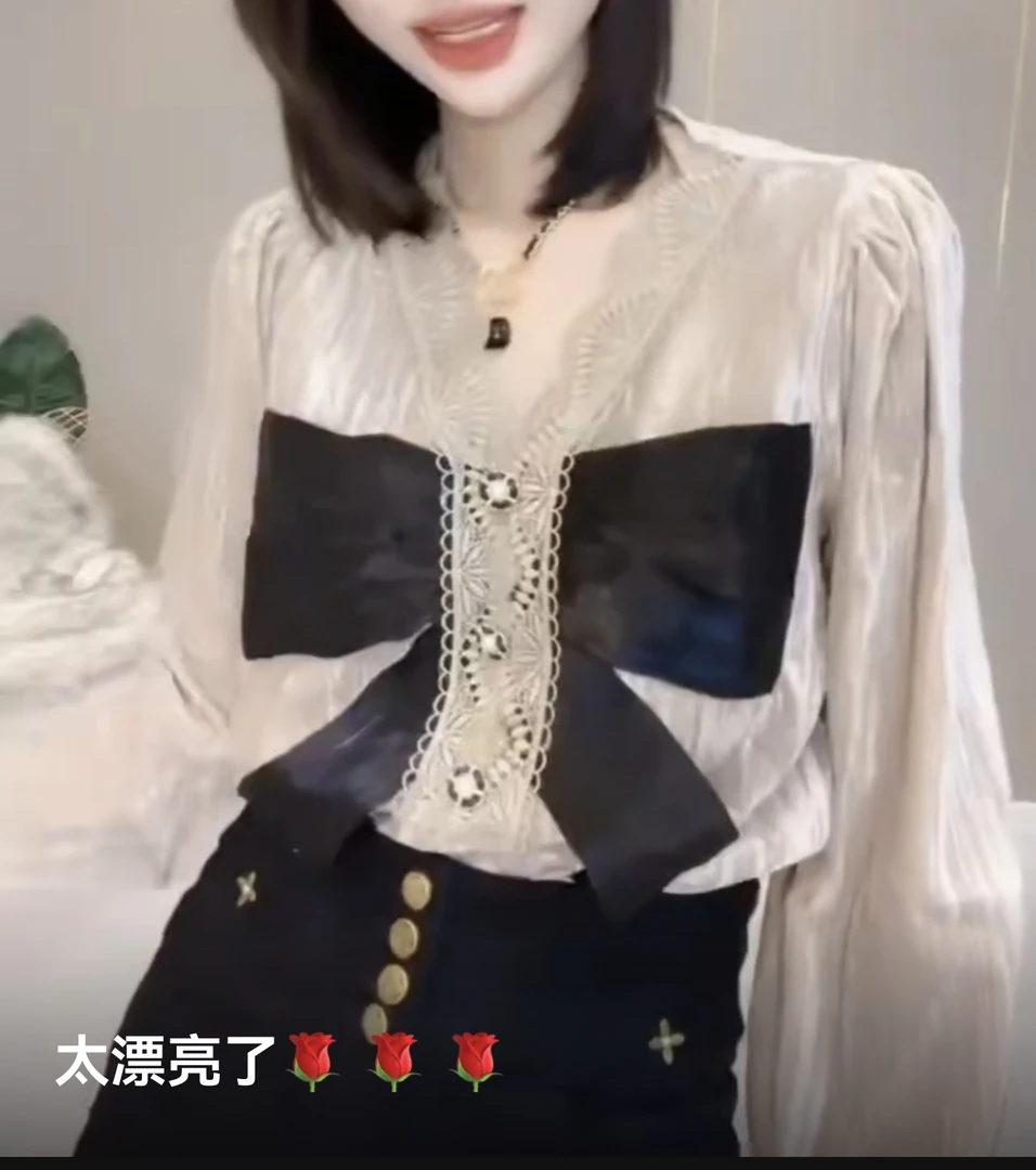 长袖蝴蝶结公主风纯色蕾丝打底衫时尚衬衣拼接重工显瘦衬衫