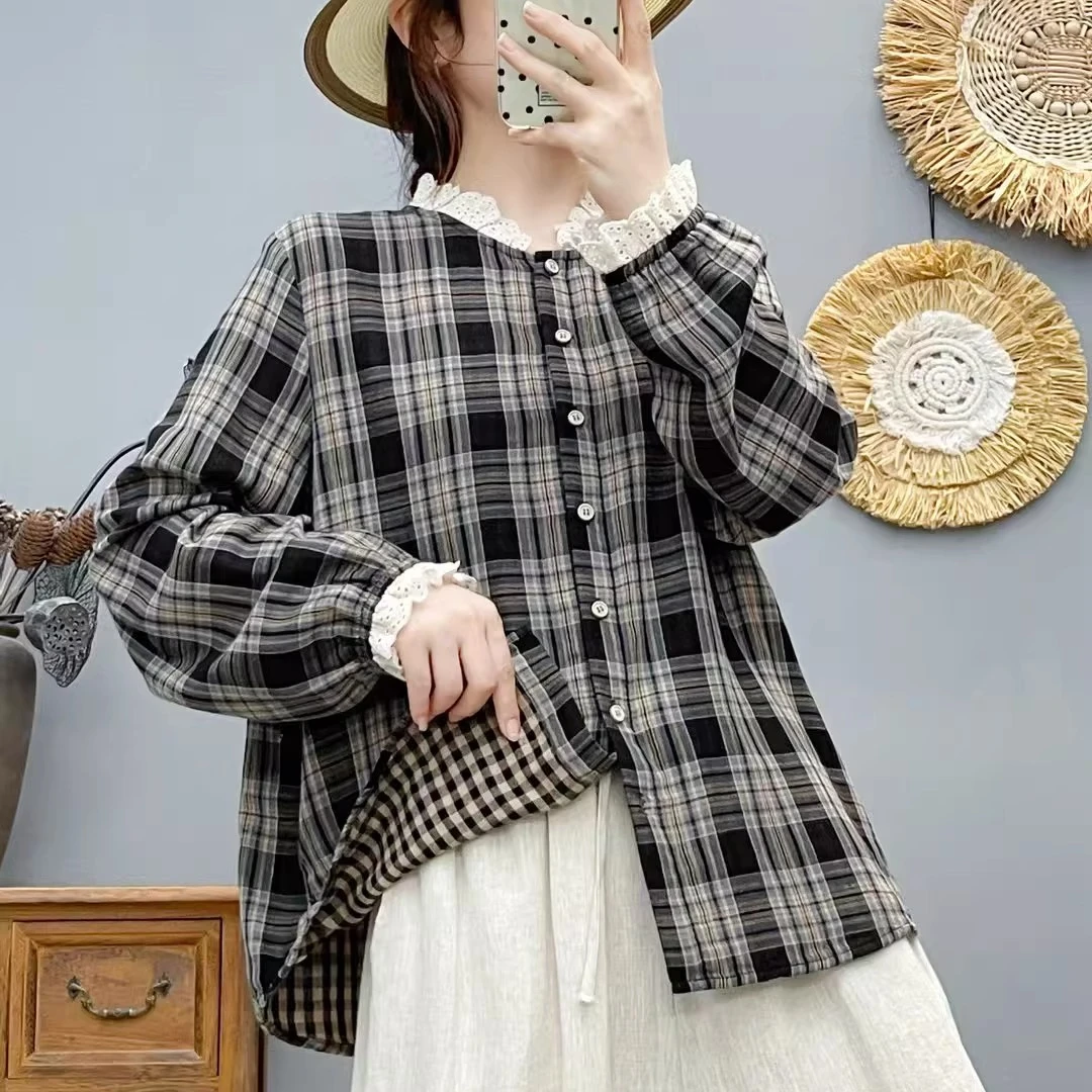 木耳花边领格纹双层棉纱衬衫休闲显瘦衬衣百搭宽松上衣女XQ86308