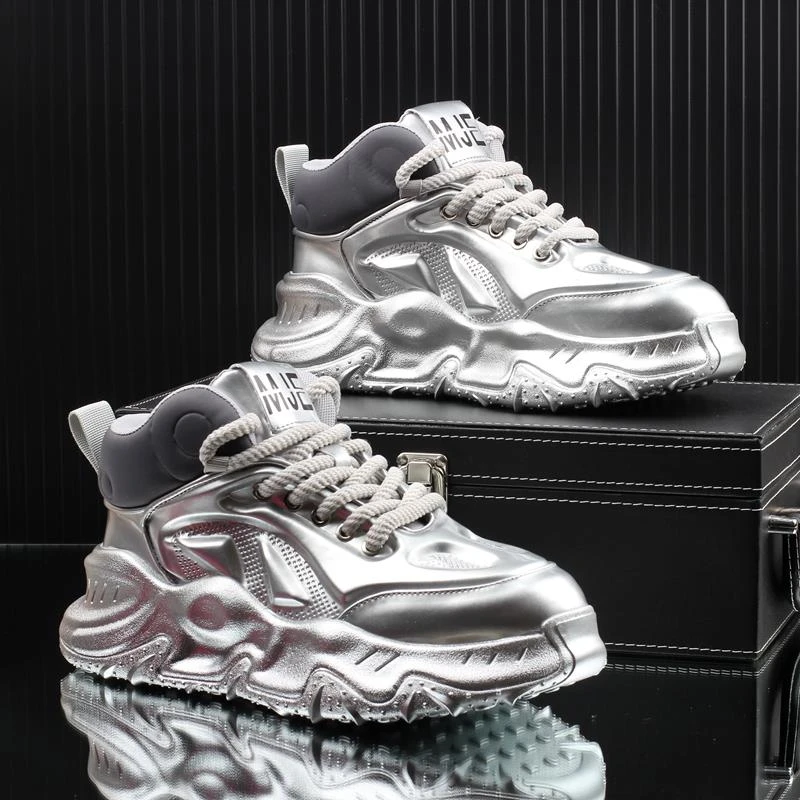 【万达撤柜】春季新款时尚休闲厚底老爹鞋男款银亮面增高舒适百搭男
