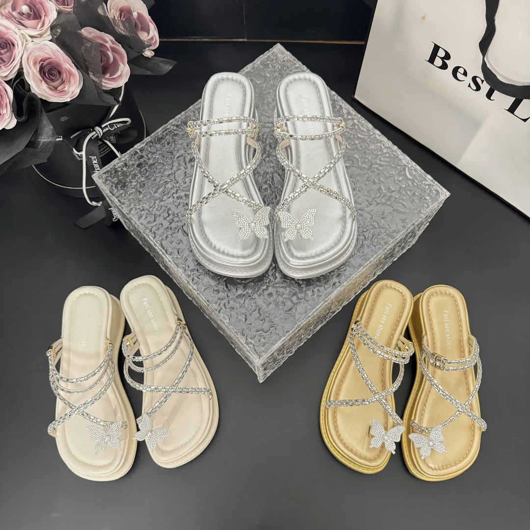 2025夏季新款蝴蝶夹趾爆款法式蝴蝶水钻百搭厚底拖鞋女夏外穿