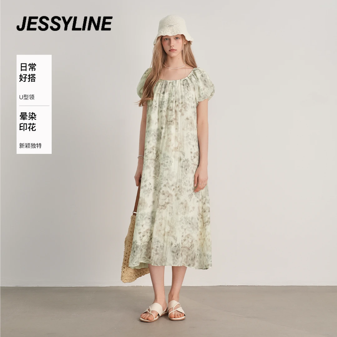 jessyline2025夏季新款 杰茜莱时尚印花小清新减龄a字短袖连衣裙