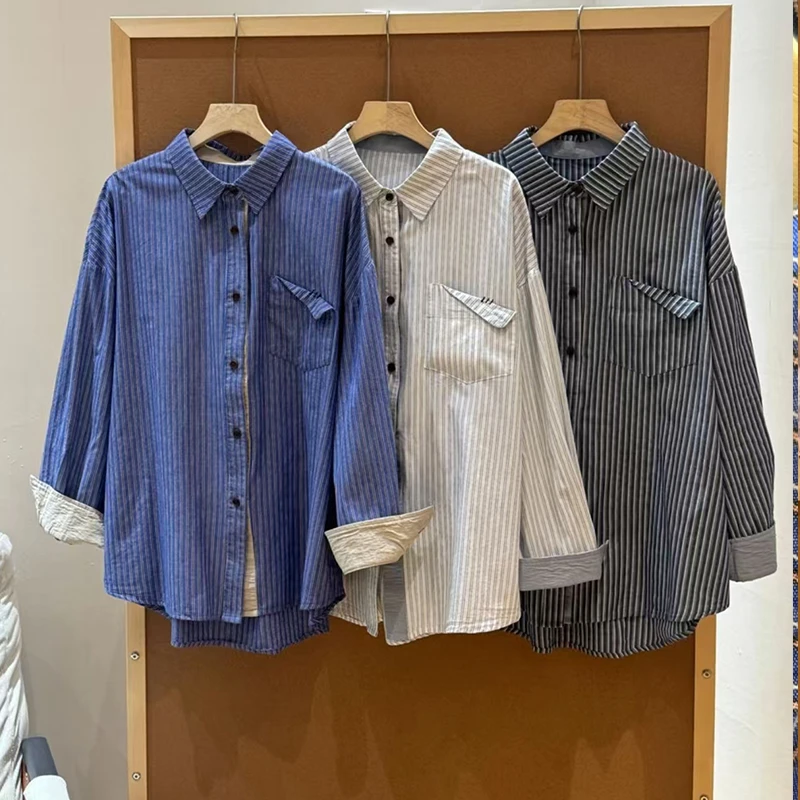 2025早秋新款折角条纹衬衫长袖女简约Polo领宽松百搭气质休闲上衣