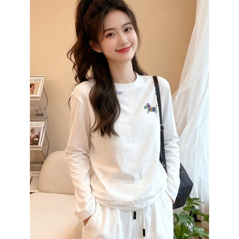 韩版ins长袖T恤女2025新款秋季白色圆领宽松时尚可外穿打底上衣