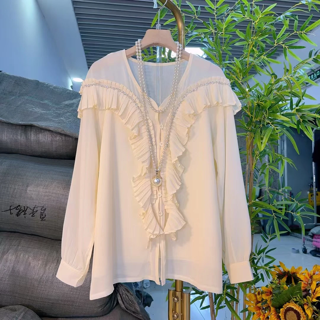 欧货时尚纱料花边衬衫微胖大码遮肉显瘦秋季长袖爱美时尚25062